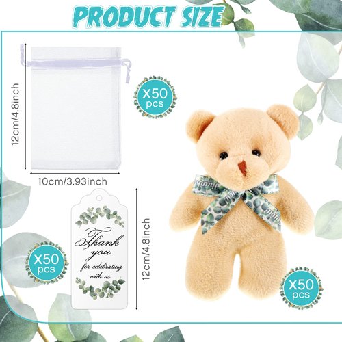 Wettarn 50 Sets Small Bears Tiny Plush Bear Bulk 4.72 Inch Mini Stuffed Animals Small Bear Party Favors with Thank You Tags and Mesh Bags for DIY Keychain Birthday(Brown)