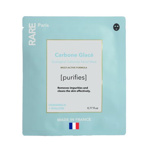 RARE Paris Carbone Glacé Purifying Facial Mask - Purifying Carbon Black Sheet Mask with Hamamelis & Mallow - Purifying, Firming, Revitalizing - Made in France - 1 sheet