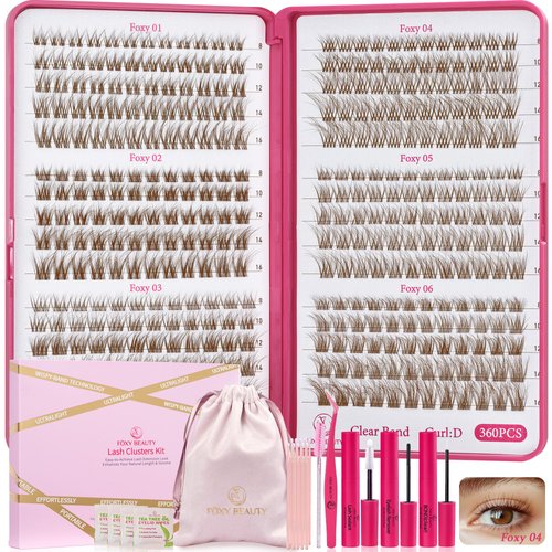 Lash Clusters Kit with Bond and Seal Brown Lash Clusters For Mature Eyes Lash Extension Kit with Eyelid Wipes Brush Eyelash Extension Kit with Drawstring Bag Eyelash Clusters Gift Set For Women