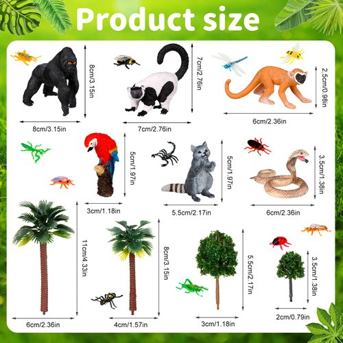 Jexine 25 Pack Rainforest Animals Figures Toys Set Assorted Creatures Rainforest Diorama Supplies Animals Model Trees for Birthday Party Favors, Piñata Fillers, for Boys and Girls