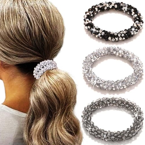 Fashey Beaded Hair Ties Crystal Hair Bands Elastic Ponytail Holders 3 Pcs Black Rhinestone Hair Tie Hair Accessories for Women