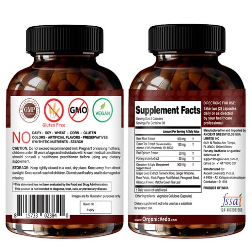 Organic Veda Beet Root Grape Seed & Red Spinach Nitric Oxide Capsules - Concentrated Beets Nitrates Supplements with Circulation Booster Green Tea Extract, Turmeric, Pomegranate - 60 Vegan Pills