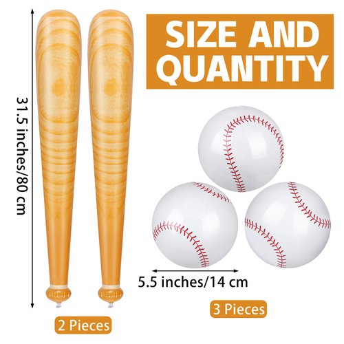 durony 5 Pieces Inflatable Baseball Set Including 2 Piece 31.5 Inch Baseball Bat Inflates 3 Piece 5.5 Inch Beach Baseball Sports Baseball Party Favors for Birthday Party Pool Beach Fun Sports Game
