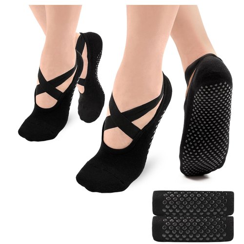 Bevigorio Pilates Grip Socks Yoga Socks with Grips for Women Straps & Cushion Non Slip Grippy Gripper Barre Socks 2pair black