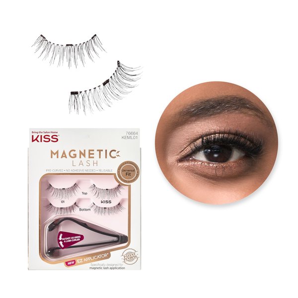 KISS Magnetic Lash 01, Synthetic False Eyelashes with Magnets Under and Over Your Upper Lashes, No Glue Needed, Lightweight, Reusable, Contact Lens Friendly, Cruelty Free, with Lash Applicator, 1 Pair