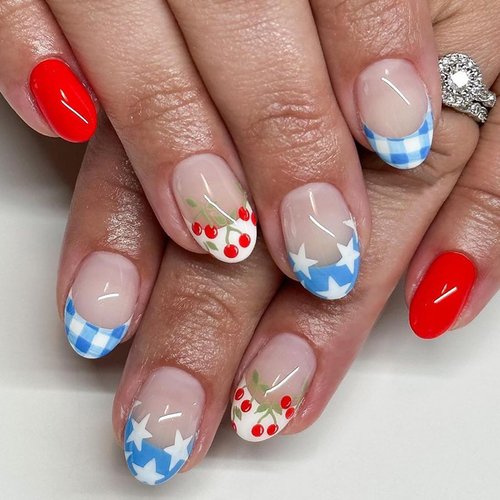 4th of July Press on Nails Short Almond French Tip Fake Nails Nude Pink Full Cover Floral Star Cherry Nails Tip False Nails with Designs Glossy Glue on Nails Summer Artificial Nails for Women Girls