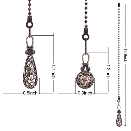 Dotlite Ceiling Fan Pull Chain Vintage Hollow Fan Danglers,14 Inches Decorative Fan String Pulls Charm Extension, 3mm Diameter Beaded Fan Pull Chains Extender Ornaments with Connector(Bronze 2Pack)