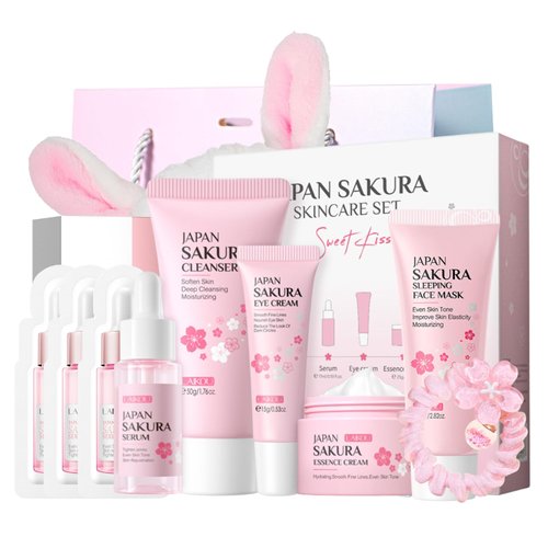 Skincare Set Women Cherry Blossom Gifts - Skin Care Set Travel Hydrating - Skin Care for Teens 10-12 Moisturizing - Travel Kit with Cleanser,Serum,Eye Cream,Face Cream (One Size, Sakura 6PCS Scent)