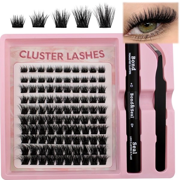 Fluffy Lash Clusters Kit 100pcs DIY Lash Extension Kit, Wispy Lash Clusters Kit Natural 8-16mm D Curl Eyelashes Extension Kit with Lash Bond and Seal and Lash Tweezers(100P-20Z-Kit)