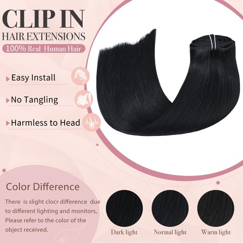 HUAYI Black Clip in Hair Extensions Real Human Hair 16 Inch 120g #1 Jet Black Hair Extensions Clip ins Human Hair Natural Hair Extensions Clip in Full Head 7pcs