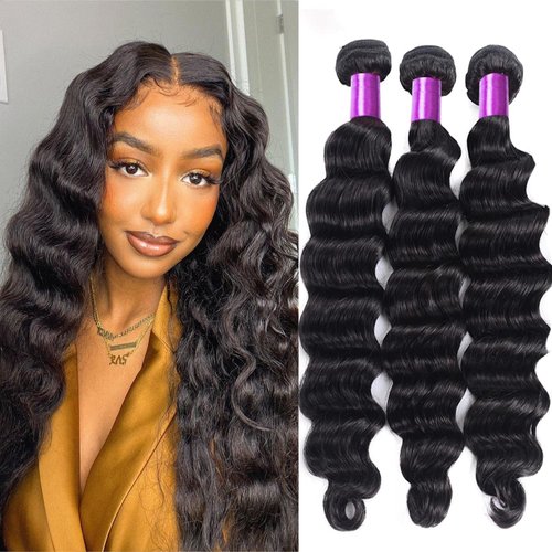 Brazilian Virgin Human Hair Loose Deep Wave Bundles 100% Unprocessed Virgin Hair Remy 14 16 18 Loose Deep Curly Weave 3 Bundles 150% Density Human Hair Extensions Natural Color for Black Women