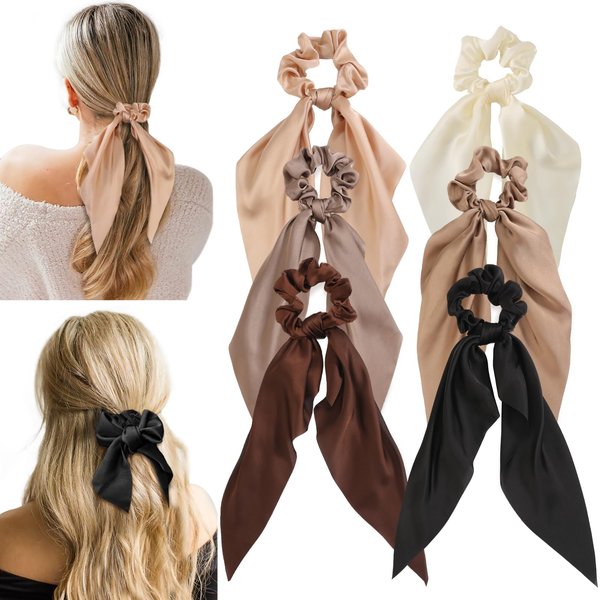 6 PCS Bow Silk Scrunchies, Hair Ties with Bows, Hair Scrunchies for Women Girls, Knotted Bow Silk Hair Ties, Satin Hair Ribbon Elastic Hair Ties Hair Accessories Christmas Gifts Holiday