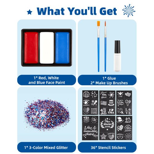 Lictin Red White Blue Face Paint Kit, 3 Color Water-Based Patriotic Face Paint with Glitter, 30 Stencil Stickers, USA Flag 4th of July Face Paint for Independence Day, Halloween Cosplay, Veterans Day