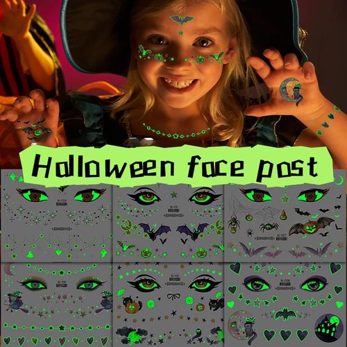 6 Sheets Halloween Tattoo Stickers Glow in The Dark Waterproof Temporary Tattoo Sticker Eye Spider Web Bat Halloween Temporary Tattoos Halloween Face Stickers Luminous Temporary Tattoos for Kids