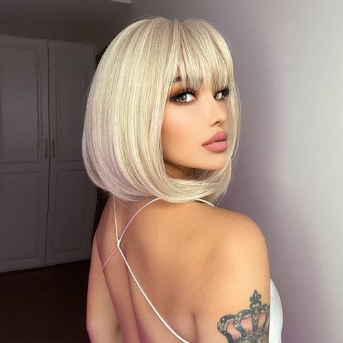 Qihang Blonde Bob Wig for Women, Short Blonde Wigs with Bangs, Straight Platinum Blonde Synthetic Hair Wig for Daily Party Use Heat Resistant 12 Inch