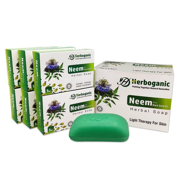 HERBOGANIC Neem and Black Seed Oil Herbal Soap | Natural Bar Soap for Face and Body | Purifying and Nourishing | Suitable for Men and Women| 5 Oz (Pack of 6)