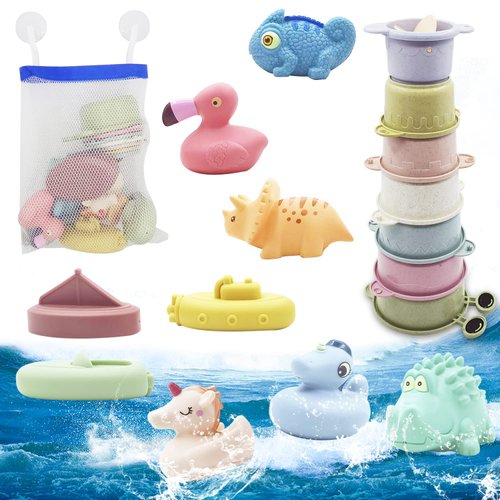 Baby Bath Toys for Toddlers 1-3, 16PCS Bath Squirt Toys with Hole, Silicone Bath Toys Contains 7 Stacking Cups and 3 Boats and 6 Animals, Best Shower Water Toys for Boys and Girls