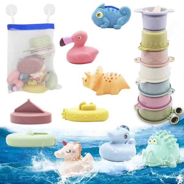 Baby Bath Toys for Toddlers 1-3, 16PCS Bath Squirt Toys with Hole, Silicone Bath Toys Contains 7 Stacking Cups and 3 Boats and 6 Animals, Best Shower Water Toys for Boys and Girls