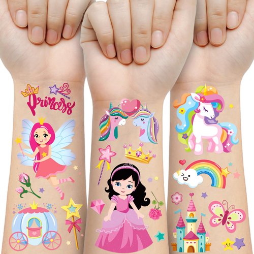 Princess Temporary Tattoo for Kids, 270+ Pcs One-horned creature Rainbow Crown Fake Tattoos for Girls’ Party Supplies Kids' Birthday Favor, 36 Sheets Waterproof Tattoos for 5 6 7 8 9 Years Old Girls