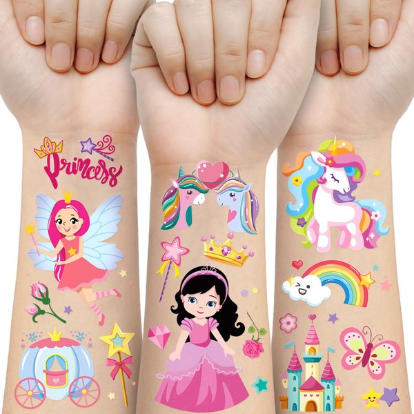 Princess Temporary Tattoo for Kids, 270+ Pcs One-horned creature Rainbow Crown Fake Tattoos for Girls’ Party Supplies Kids' Birthday Favor, 36 Sheets Waterproof Tattoos for 5 6 7 8 9 Years Old Girls