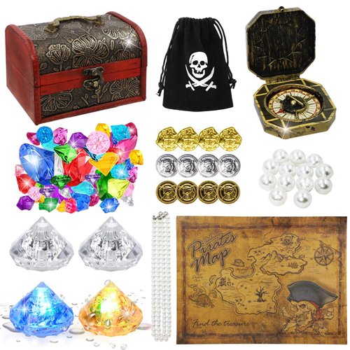 WGXX 85 Pieces Pirate Treasure Toys, Light-Up Diving Gem Colorful Pool Acrylic Diamonds Pirate Treasure Chest Gold Coins Pirate Map Compass for Children Pirates Themed Adventures Summer Pool