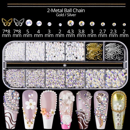 Mixed 3D Nail Art Gem Decoration Accessories Kit #1, Aurora Bear Bow Butterfly Starry AB Rhinestone Charm Jewelry for Deco, Pearl Flower Caviar Bead Stone Crystal with Dual-End Brush and Tweezer