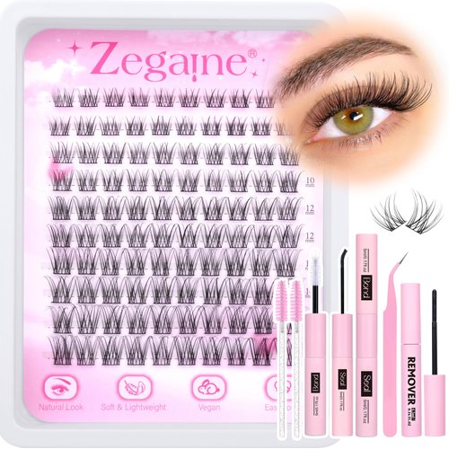 Zegaine Natural Lash Clusters Kit Wispy Eyelash Extensions Kit Natural Cluster Lashes Cat Eye Eyelash Clusters 8-16MM Individual Lashes Kit With Lash Bond & Seal, Remover, Tweezers, Brushes
