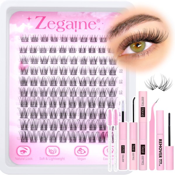 Zegaine Natural Lash Clusters Kit Wispy Eyelash Extensions Kit Natural Cluster Lashes Cat Eye Eyelash Clusters 8-16MM Individual Lashes Kit With Lash Bond & Seal, Remover, Tweezers, Brushes