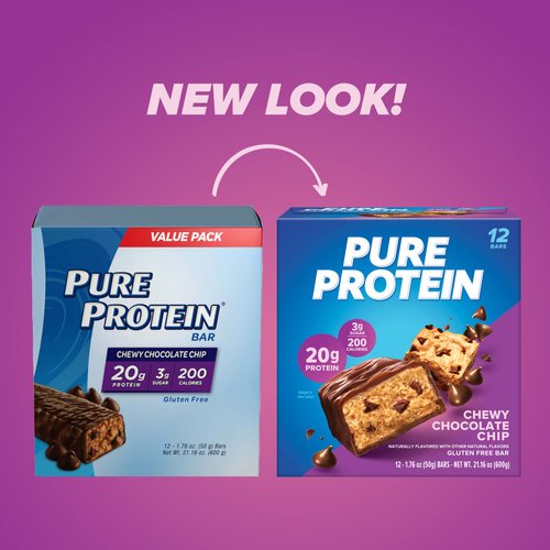 Pure Protein Bars, High Protein, Nutritious Snacks to Support Energy, Low Sugar, Gluten Free, Chewy Chocolate Chip, 1.76oz (Pack of 12), Packaging may vary