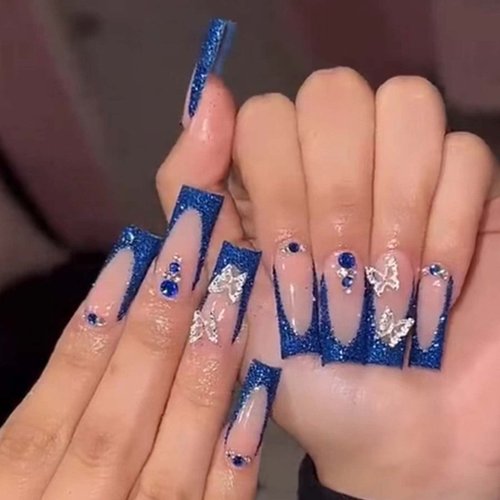 YoYoee Long Coffin False Nails Blue Butterfly Press on Nails French Fake Nails Acrylic Ballerina ...