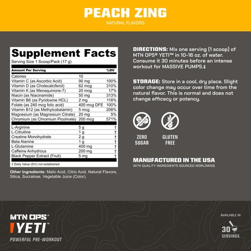 MTN OPS Yeti Pre-Workout Powder Energy Drink with Creatine, 200mg Caffeine & BCAAs with Beta Alanine, 30-Serving Tub, Peach Zing
