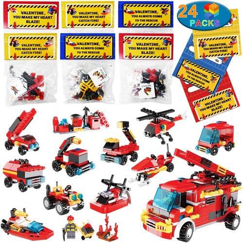 WODMAZ 24 Packs Fire Rescue Vehicles Building Blocks, Mini Fire Truck Building Blocks Set for Christmas Party Favors, Christmas Stocking Stuffer, Valentines Gifts Exchange for Boys Girls