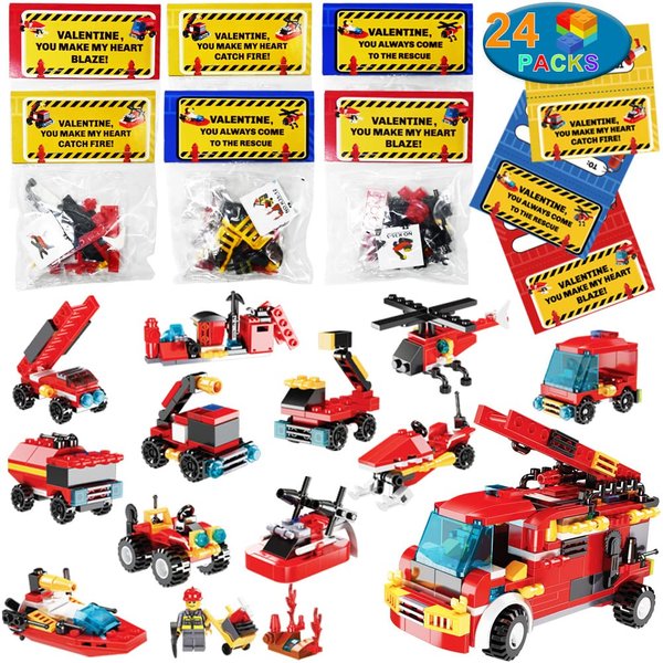 WODMAZ 24 Packs Fire Rescue Vehicles Building Blocks, Mini Fire Truck Building Blocks Set for Christmas Party Favors, Christmas Stocking Stuffer, Valentines Gifts Exchange for Boys Girls