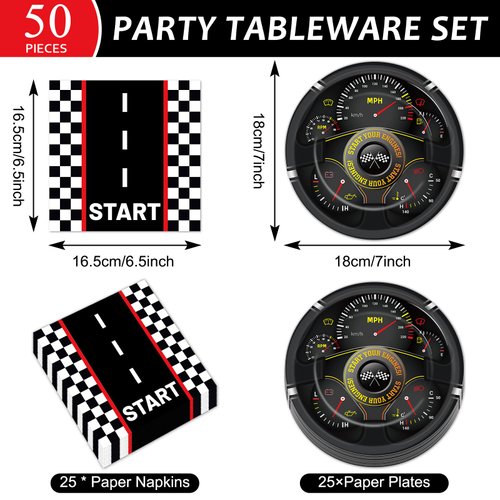 50Pcs Race Car Party Plates and Napkins Race Car Birthday Party Decorations Racing Themed Paper Dessert Plates Start Your Engines Tableware Set Serves 25 Guests Kids Boys Baby Shower Party Supplies
