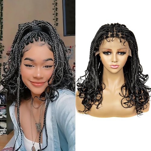 sedittyhair Braided Wigs for Black Women Synthetic Lace Front Wigs Square Knotless Box Braided Wigs Lightweight Cornrow Braid Braiding Hair Wigs 18 inches(1B Color)