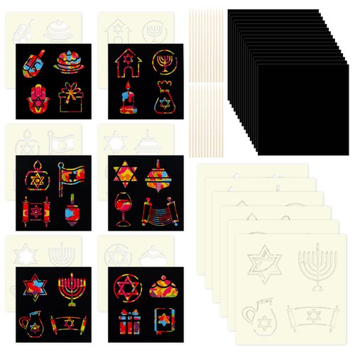 Motipuns 24 Set Hanukkah Craft Chanukah Scratch Cards DIY Colorful Paper Hanukkah Menorah Stencils Sticks Hanukkah Accessories for Gifts Game Classroom Activity Family Party Supplies