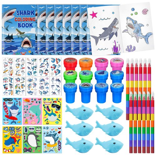 Cinrobiye 72 Pcs Shark Toddler Party Favors,Shark Coloring Book Ocean Animals Party Goodie Bags Fillers,Under the Sea Birthday Party Decorations Craft DIY Kit Face Stickers Tattoo for Shark Pinatas