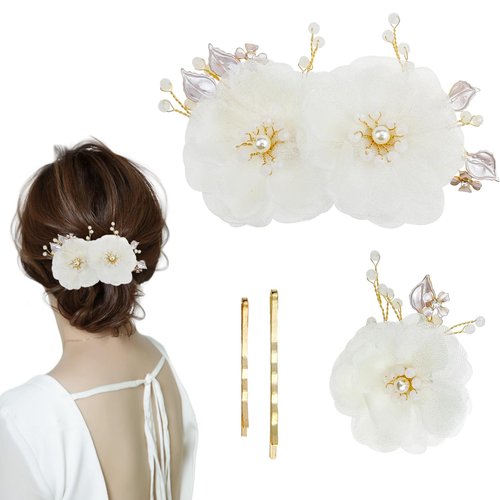 2 Pack White Flower Hair Clip with Pearl Wedding Brida Hair Comb Valentines Day Gifts Hair Accessories for Women Girls