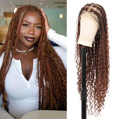 Olymei 360° HD Full Lace Braided Wigs Boho Braids Wig Knotless Braided Wig for Women Box Braid Wig with Boho Curly End Braided Lace Front Wigs with Baby Hair 36"（Brown）