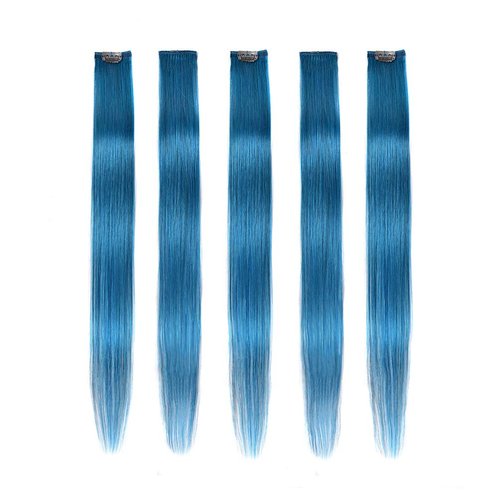 Winsky Deep-sea Blue Hair Extensions Girls Clip in Human Hair - 100% Straight Party Highlights Clip on Colored Hair Extensions 5 Pieces/Set (18inch,Deep-sea Blue)
