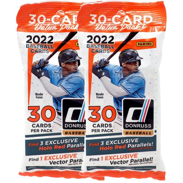 (2 Packs) 2022 Panini Donruss MLB Baseball Cello/Fat Packs - 1 Vector Parallel and 3 Holo Red Parallels Each Pack