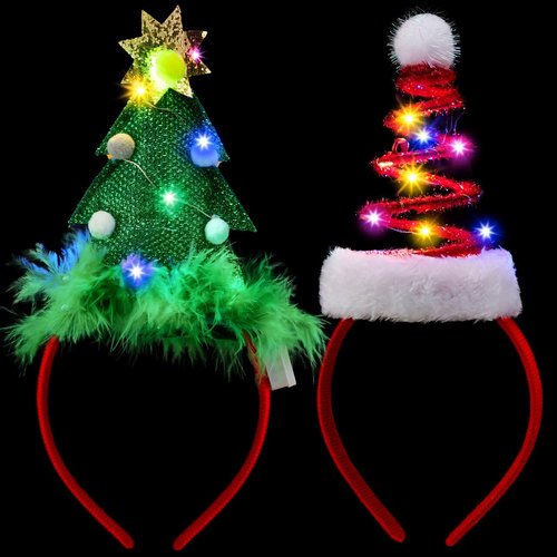 JOYIN 2 PCS Lighted Christmas Headbands with LED lights in Springy Santa Hat Christmas Tree Designs for Christmas and Holiday Parties (ONE SIZE FIT ALL)