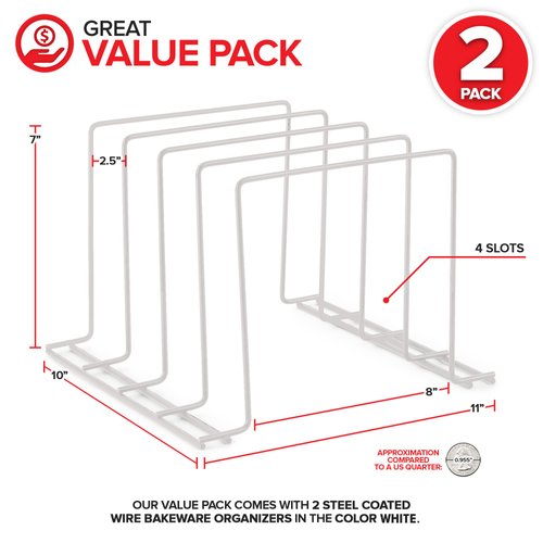 Stock Your Home White (2 Pack) Steel Baking Pan Organizer Rack for Cabinet or Counter, Holder for Kitchen Cutting Boards, Pot Lids, or Cookie Sheets - Rust Proof Wire, Drying Storage