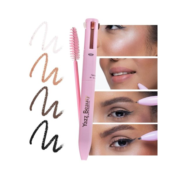 YazzBeauty 4-in-1 Touch-Up Makeup Pen (Nude) - Medium Brown Eyebrow Pencil, a Nude Lip Liner, a Black Eyeliner, and a Radiant White Matte Highlighter – Ideal for Travel