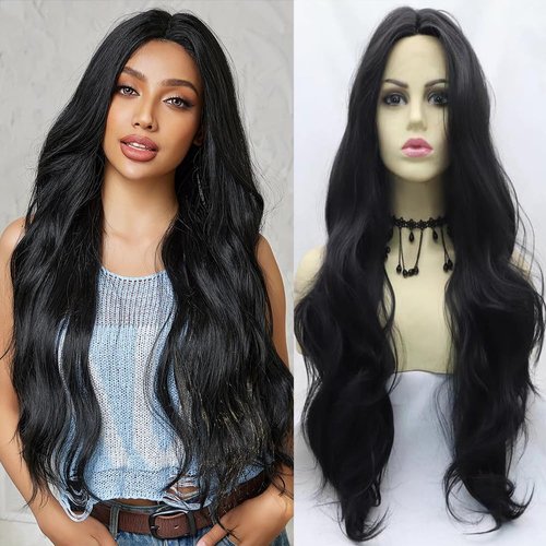 xiweiya Long Black Cheap Wigs T Part Lace Wigs Synthetic Black Lace Front Wigs Long Body Wave Hair Heat Resistant Fiber Hair Wigs Middle Part Hair For women 24inch