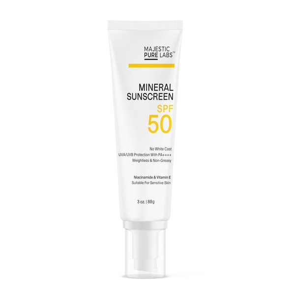 Majestic Pure Labs 100% Mineral Sunscreen with Zinc Oxide & Titanium Dioxide | Blends Seamlessly for Healthy Glow with Vitamin E & Niacinamide | UVA/UVB Protection & Zero White Cast with SPF 50 | 3 oz