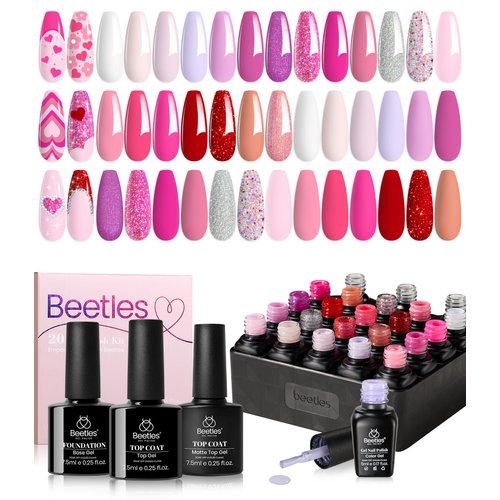 beetles Pink Gel Polish Set 20 Colors Hot Pink Alluring Sweetie Collection Nude Purple Glitter Red Uv Gel Manicure Kit with Base Glossy and Matte Top Coat Gifts for Mom
