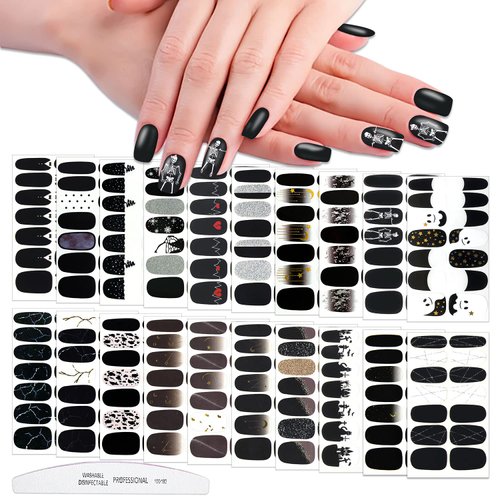 WOKOTO 20 Sheets 280 Pieces Black Nail Stickers Full Nail Wraps French Style Stick On Nail Polish Strips Black Gel Nail Strips Delf Adhesive Punk Gel Nail Sticker for Women Girls Kids with Nail File
