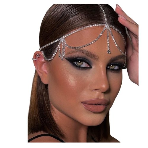 NAISKA Silver Rhinestone Layered Head Chain Jewelry for Women Long Tassel Crystal Rhinestones Cap Headpiece Bridal Wedding Party Belly Dance Rhinestone Flapper Headwear Accessories for Women and Teen