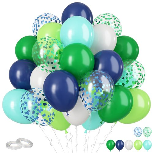 Blue and Green Balloons, 60Pcs Navy Blue Green Balloons, 12 Inch Fruit Green Blue Confetti Balloons Teal Blue White Latex Balloons for Kids Birthday Baby Shower Jungle Dinosaur Theme Party Decorations